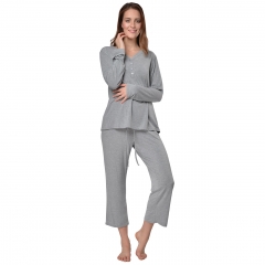 Raikou Damen Jersey Hausanzug/Schlafanzug Freizeitanzug Loungewear Langarm mit Knopfleiste